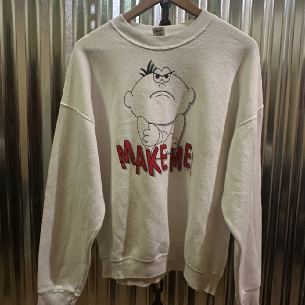 White Crewneck Sweatshirt with Red 'MAKE ME' Graphic